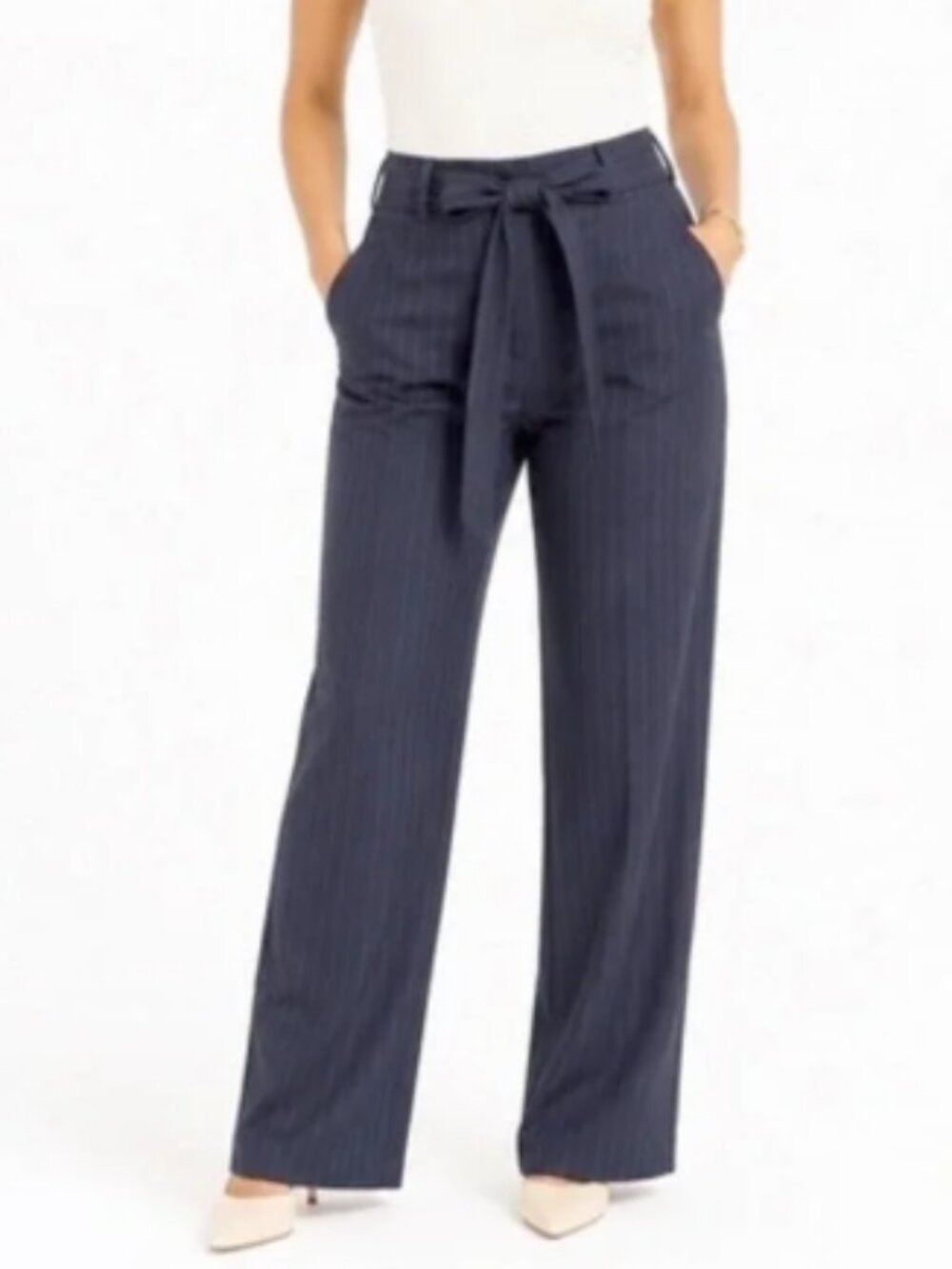 NWT LOFT Pinstripe Tie Waist Straight Leg Pants Navy Blue Size 4 Business Casual